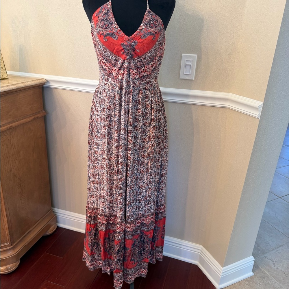 Woman’s Maxi Red/Orange, Brown Paisley Maxi Dress Small